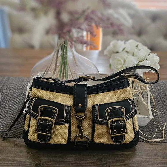 Vintage Coach Legacy Leather Trimmed Manufactured Straw Hobo Shoulder Bag - Picture 14 of 16